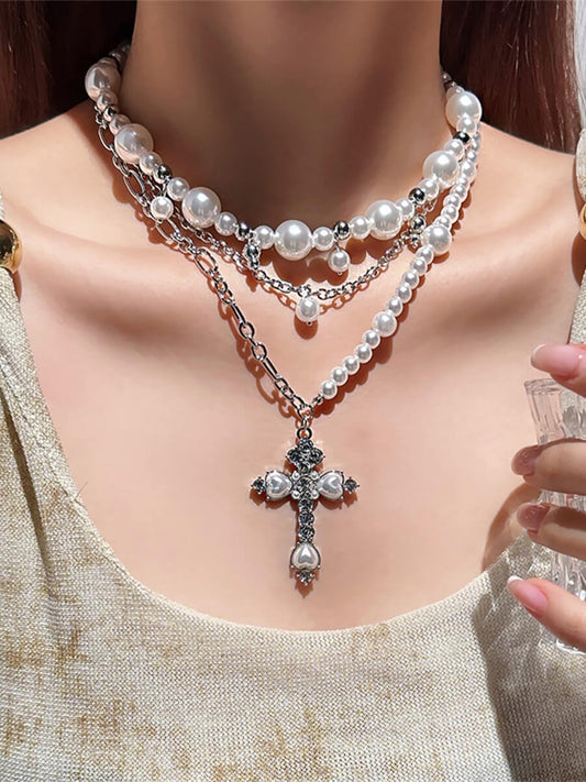 Layered Cross Faux Pearl Necklace