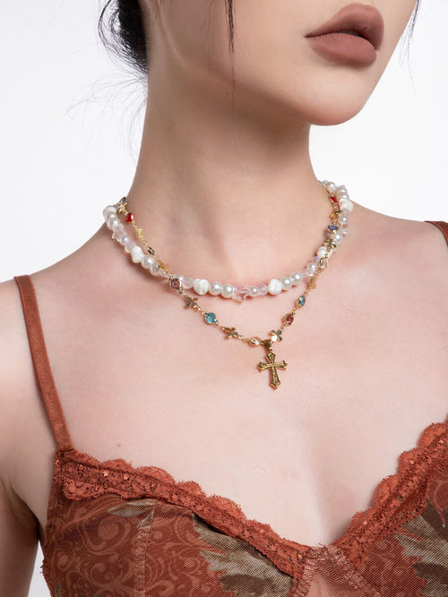 Layered Gold Cross Pearl Necklace