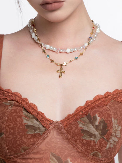 Layered Gold Cross Pearl Necklace